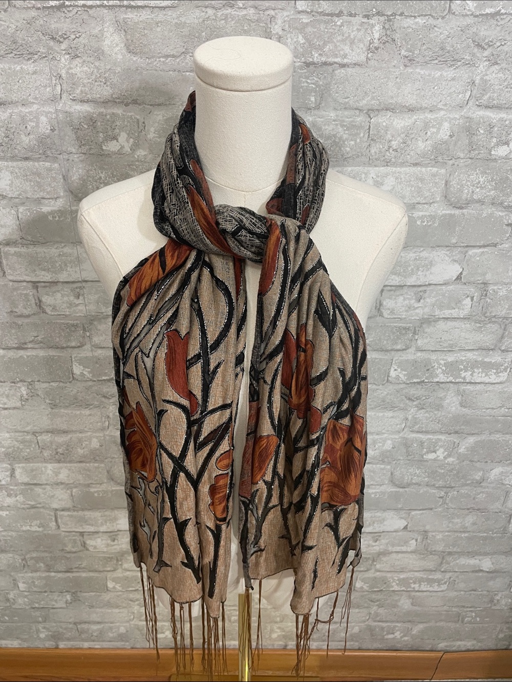 Floral Fringe Scarf Wrap in Brown Tulip Print